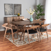 Baxton Studio RDC809B-AC-BlackWalnut-7PC Dining Set Baxton Studio Harland Mid-Century Modern Black Faux Leather Upholstered and Walnut Brown Finished Wood